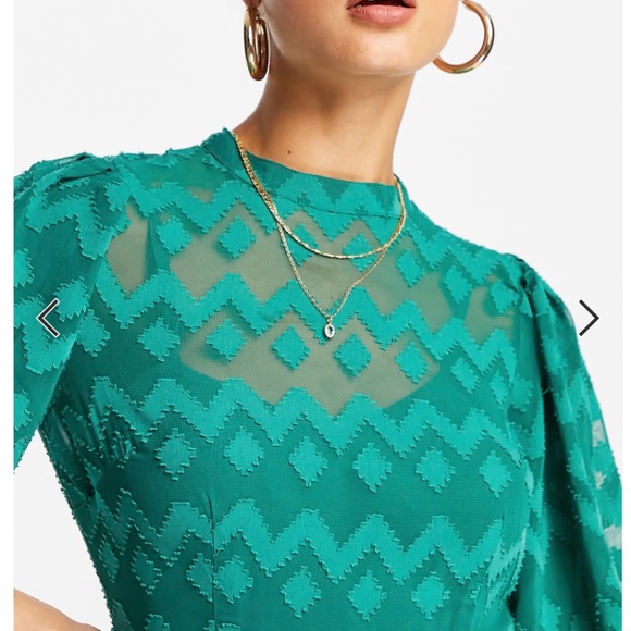 NWT ASOS DESIGN high neck pleated chevron textured midi dress with puff sleeves - Picture 5 of 16